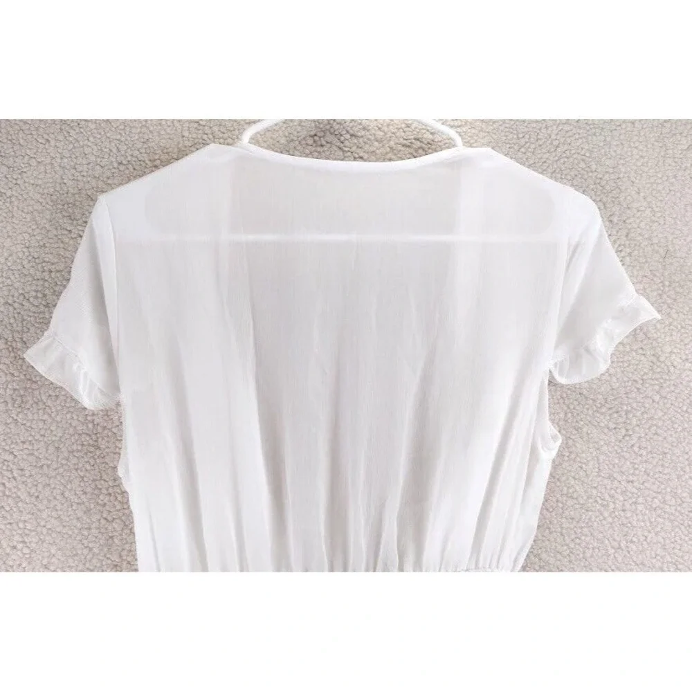 Cottagecore Puff Sleeve Tie Front Ruffle Mini Dress Smocked Waist Womens S White